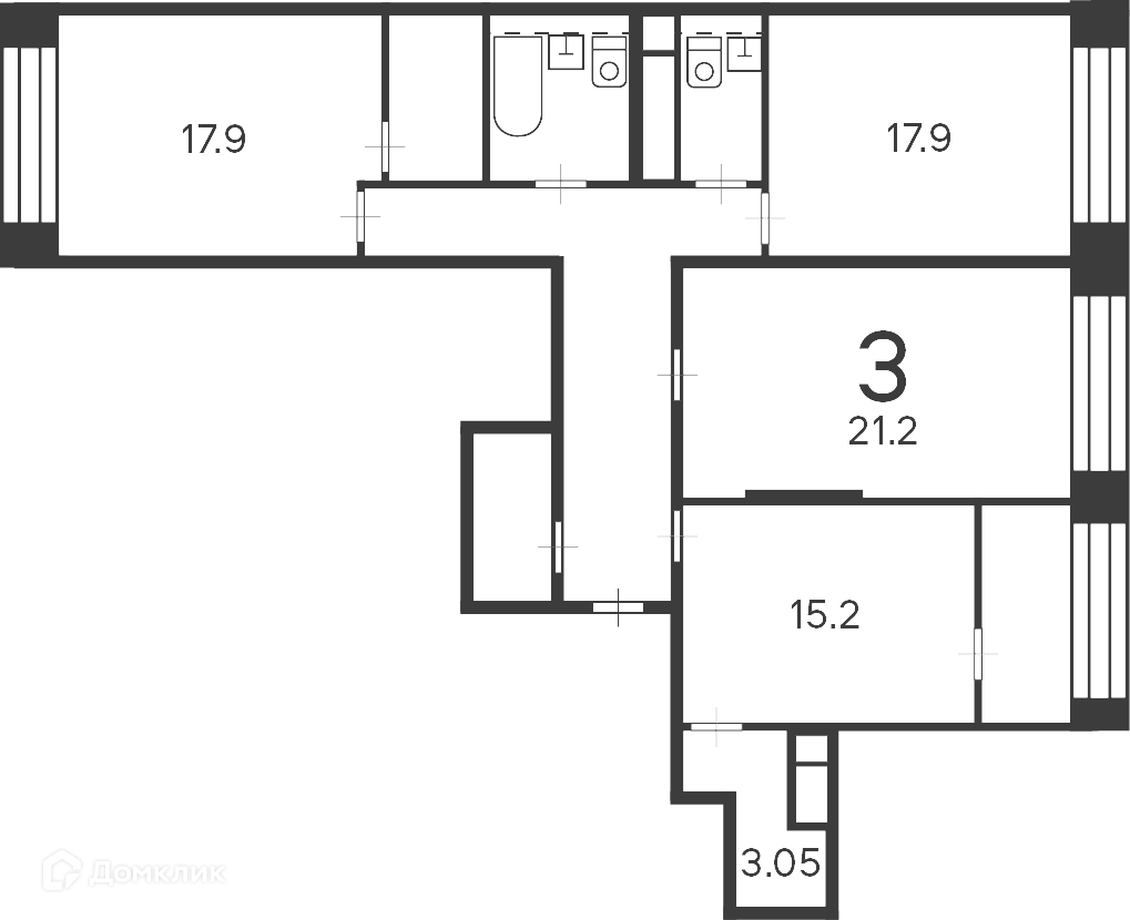 Планировка 3-комн. в ЖК «Клинская ул., д. 2А (Московские кварталы)»