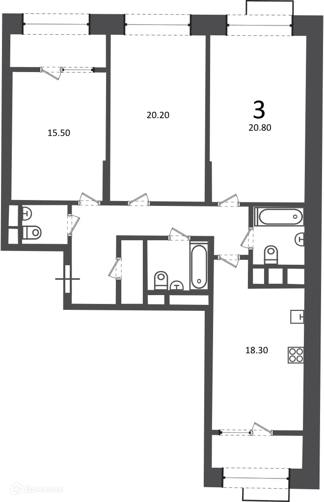 Планировка 3-комн. в ЖК «Клинская ул., д. 2А (Московские кварталы)»