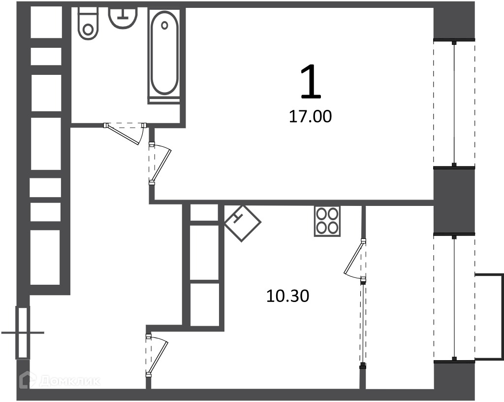 Планировка 1-комн. в ЖК «Клинская ул., д. 2А (Московские кварталы)»