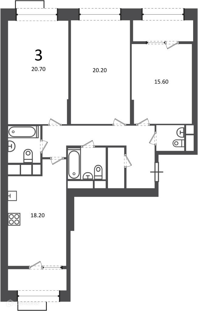 Планировка 3-комн. в ЖК «Клинская ул., д. 2А (Московские кварталы)»