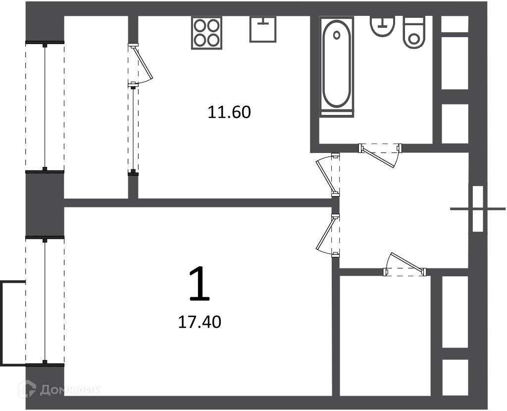 Планировка 1-комн. в ЖК «Клинская ул., д. 2А (Московские кварталы)»