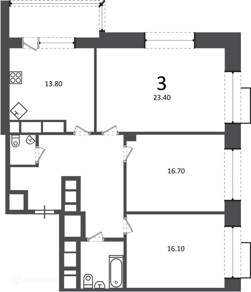 Планировка 3-комн. в ЖК «Клинская ул., д. 2А (Московские кварталы)»