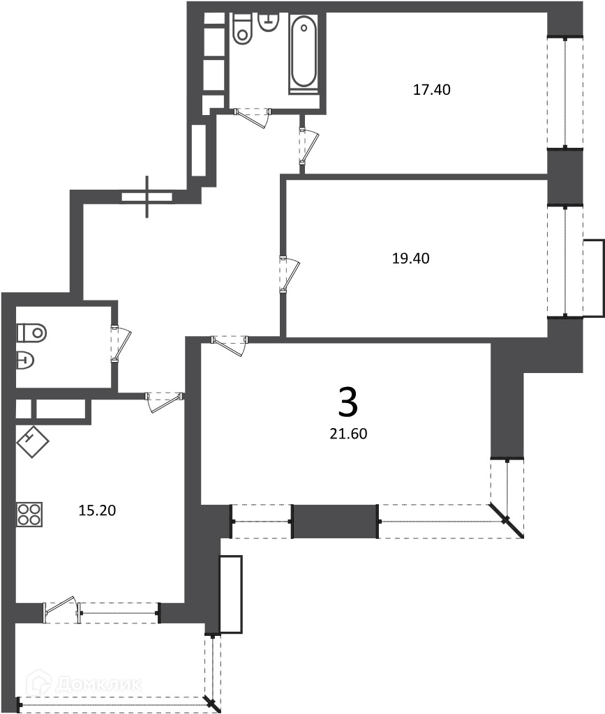 Планировка 3-комн. в ЖК «Клинская ул., д. 2А (Московские кварталы)»