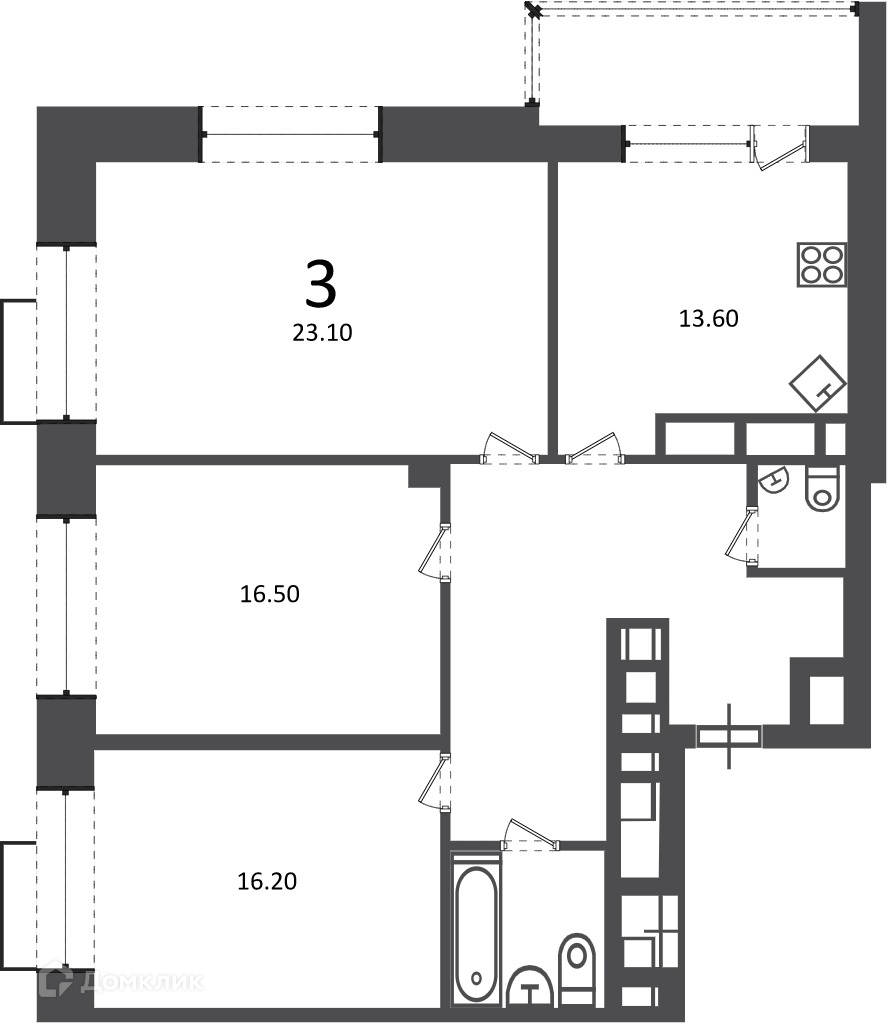 Планировка 3-комн. в ЖК «Клинская ул., д. 2А (Московские кварталы)»
