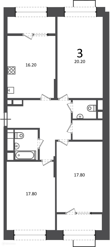 Планировка 3-комн. в ЖК «Клинская ул., д. 2А (Московские кварталы)»