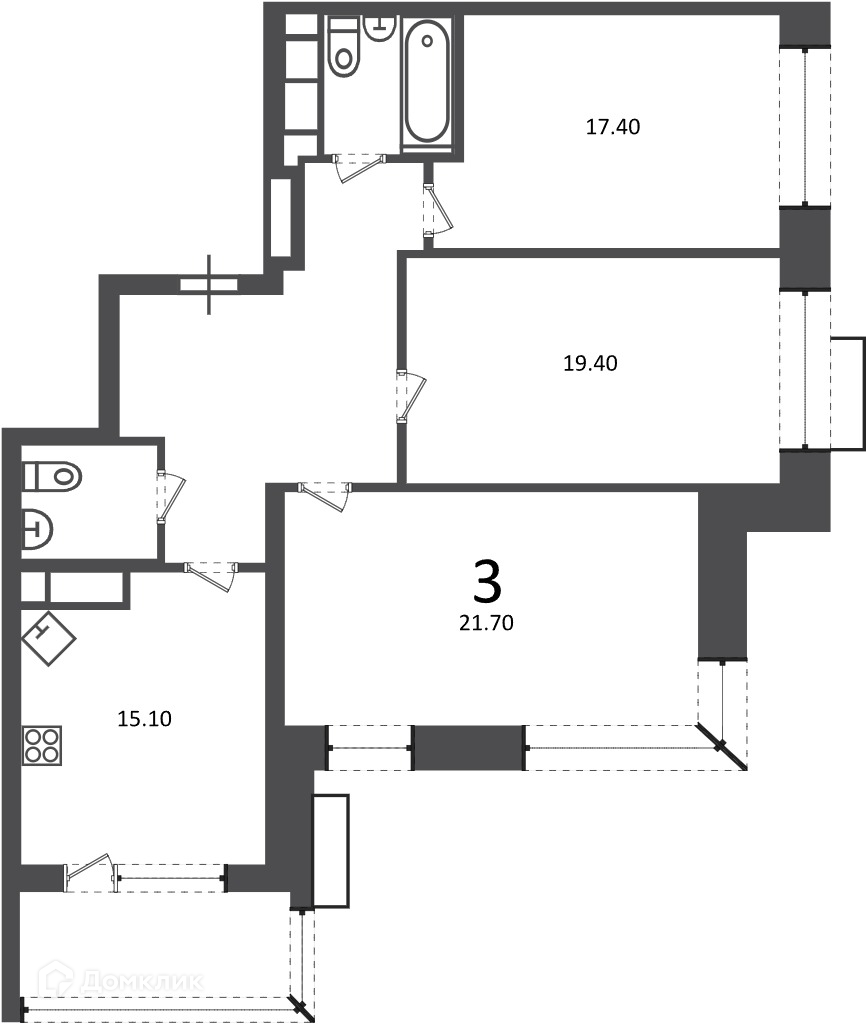 Планировка 3-комн. в ЖК «Клинская ул., д. 2А (Московские кварталы)»