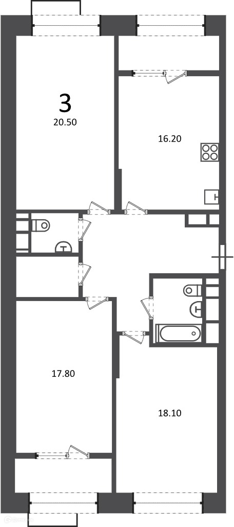 Планировка 3-комн. в ЖК «Клинская ул., д. 2А (Московские кварталы)»