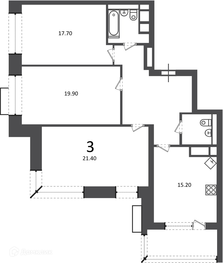 Планировка 3-комн. в ЖК «Клинская ул., д. 2А (Московские кварталы)»