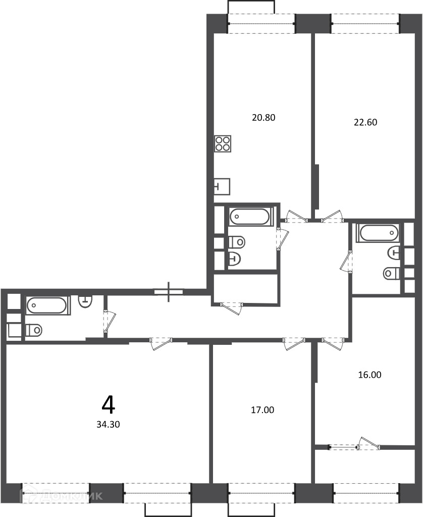 Планировка 4-комн. в ЖК «Клинская ул., д. 2А (Московские кварталы)»