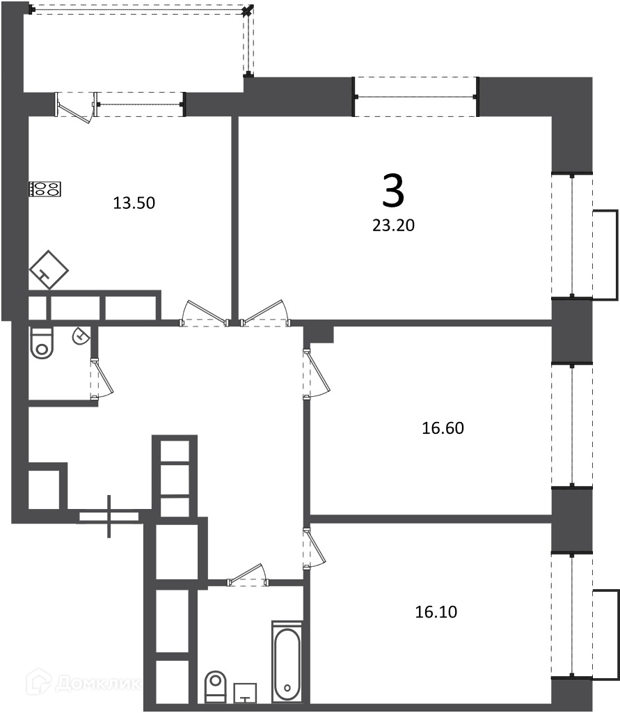Планировка 3-комн. в ЖК «Клинская ул., д. 2А (Московские кварталы)»