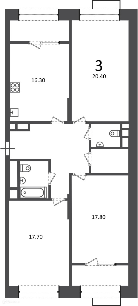 Планировка 3-комн. в ЖК «Клинская ул., д. 2А (Московские кварталы)»