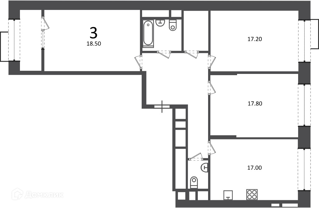 Планировка 3-комн. в ЖК «Клинская ул., д. 2А (Московские кварталы)»