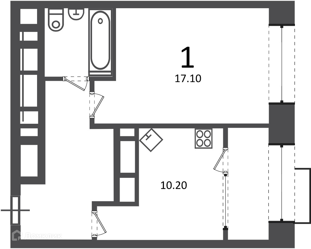 Планировка 1-комн. в ЖК «Клинская ул., д. 2А (Московские кварталы)»