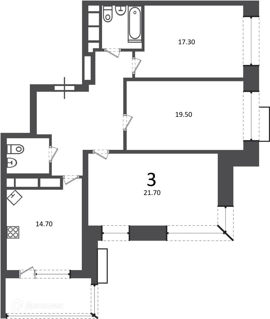 Планировка 3-комн. в ЖК «Клинская ул., д. 2А (Московские кварталы)»