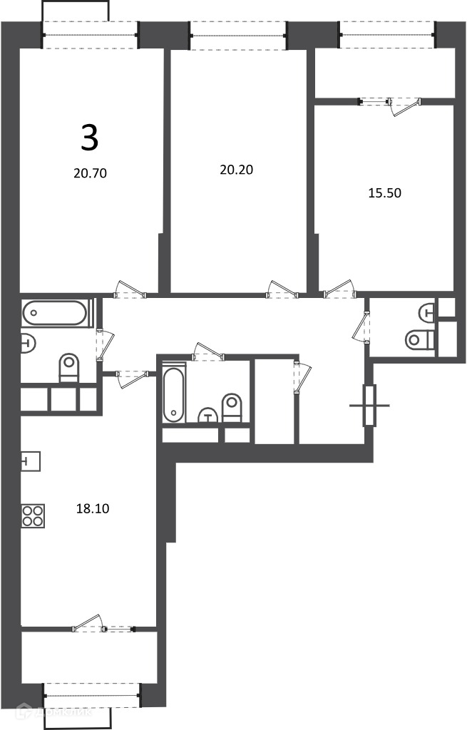 Планировка 3-комн. в ЖК «Клинская ул., д. 2А (Московские кварталы)»