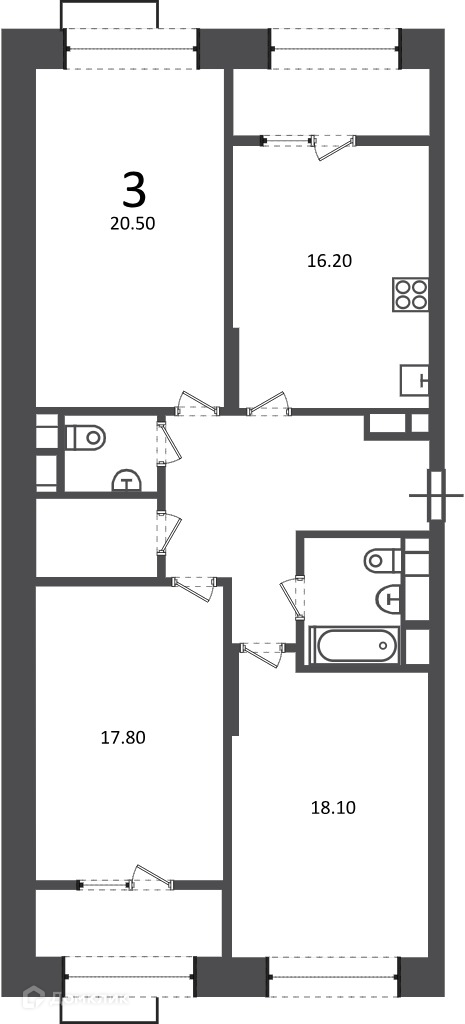 Планировка 3-комн. в ЖК «Клинская ул., д. 2А (Московские кварталы)»