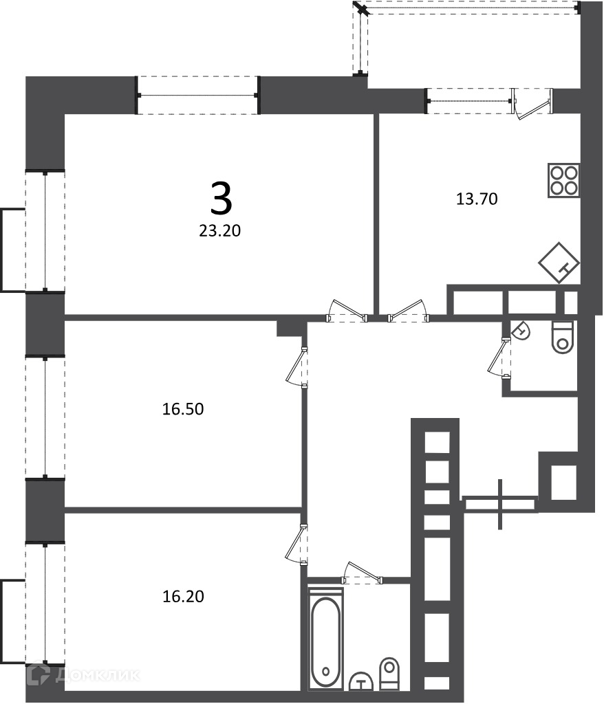 Планировка 3-комн. в ЖК «Клинская ул., д. 2А (Московские кварталы)»