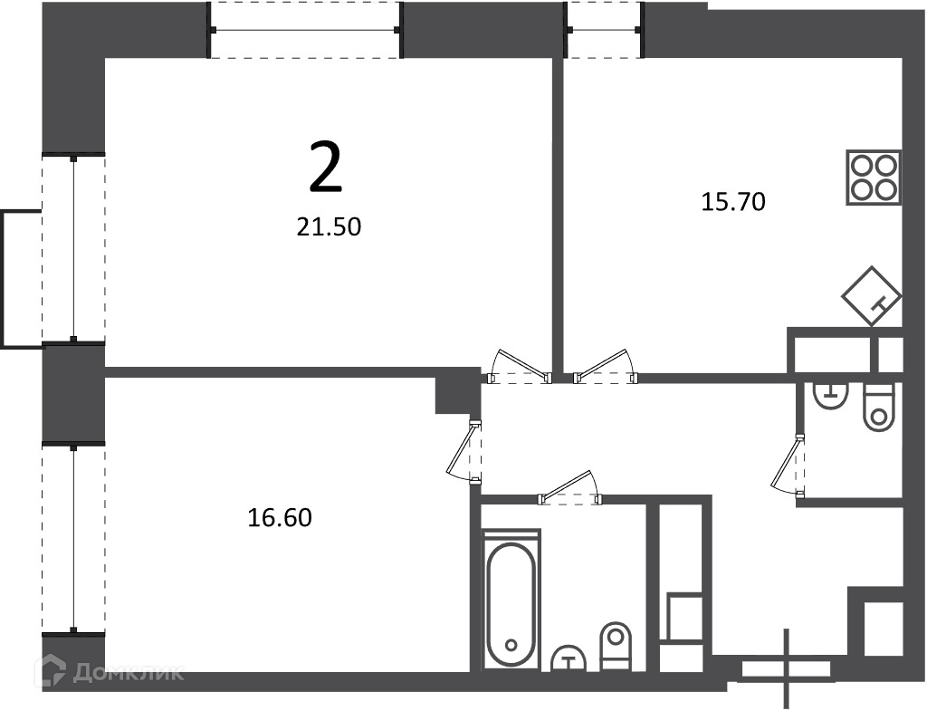 Планировка 2-комн. в ЖК «Клинская ул., д. 2А (Московские кварталы)»