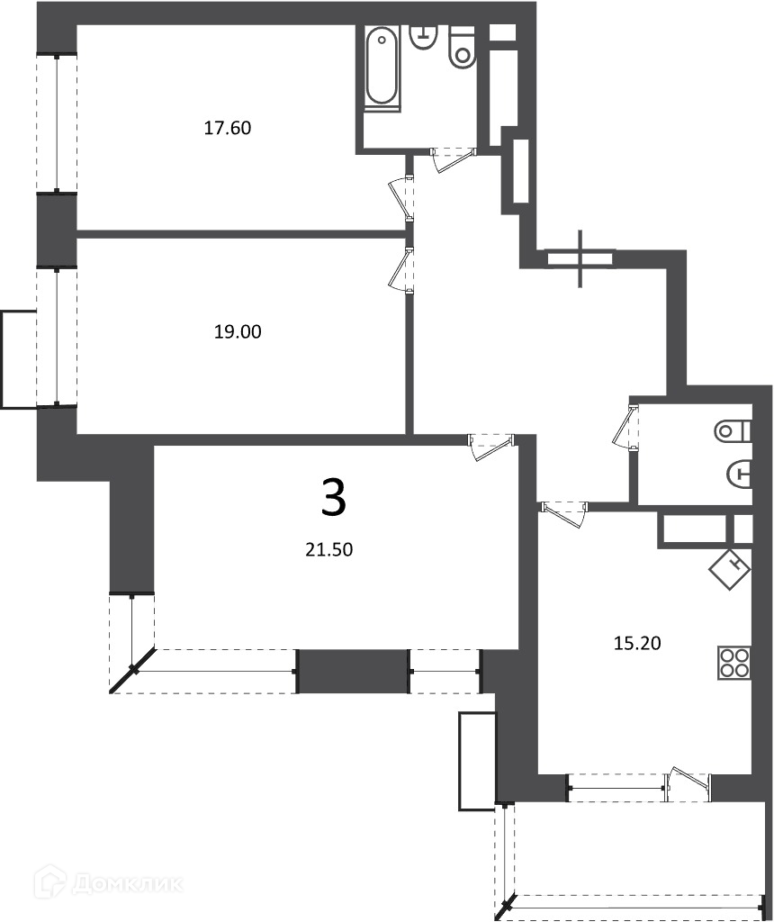 Планировка 3-комн. в ЖК «Клинская ул., д. 2А (Московские кварталы)»