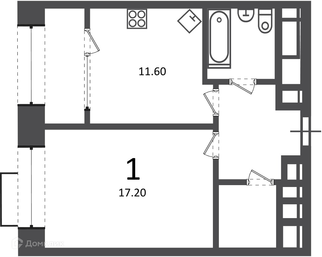 Планировка 1-комн. в ЖК «Клинская ул., д. 2А (Московские кварталы)»