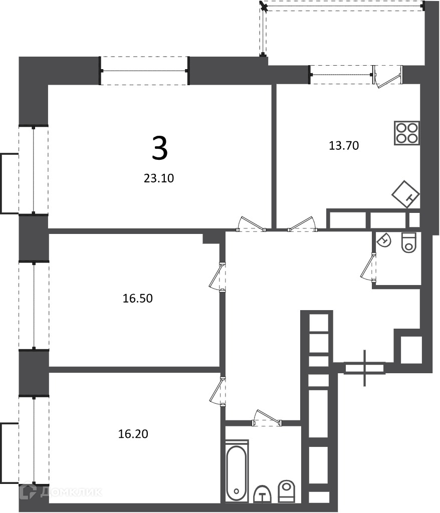 Планировка 3-комн. в ЖК «Клинская ул., д. 2А (Московские кварталы)»