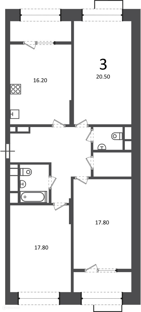 Планировка 3-комн. в ЖК «Клинская ул., д. 2А (Московские кварталы)»
