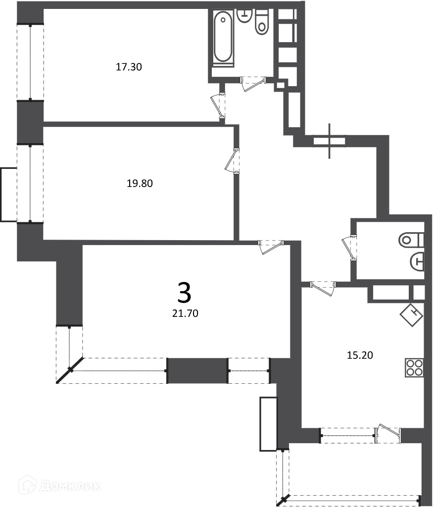 Планировка 3-комн. в ЖК «Клинская ул., д. 2А (Московские кварталы)»