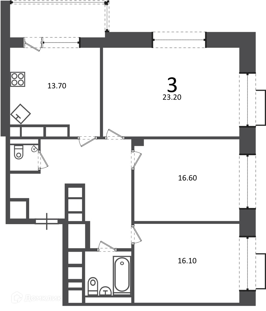Планировка 3-комн. в ЖК «Клинская ул., д. 2А (Московские кварталы)»