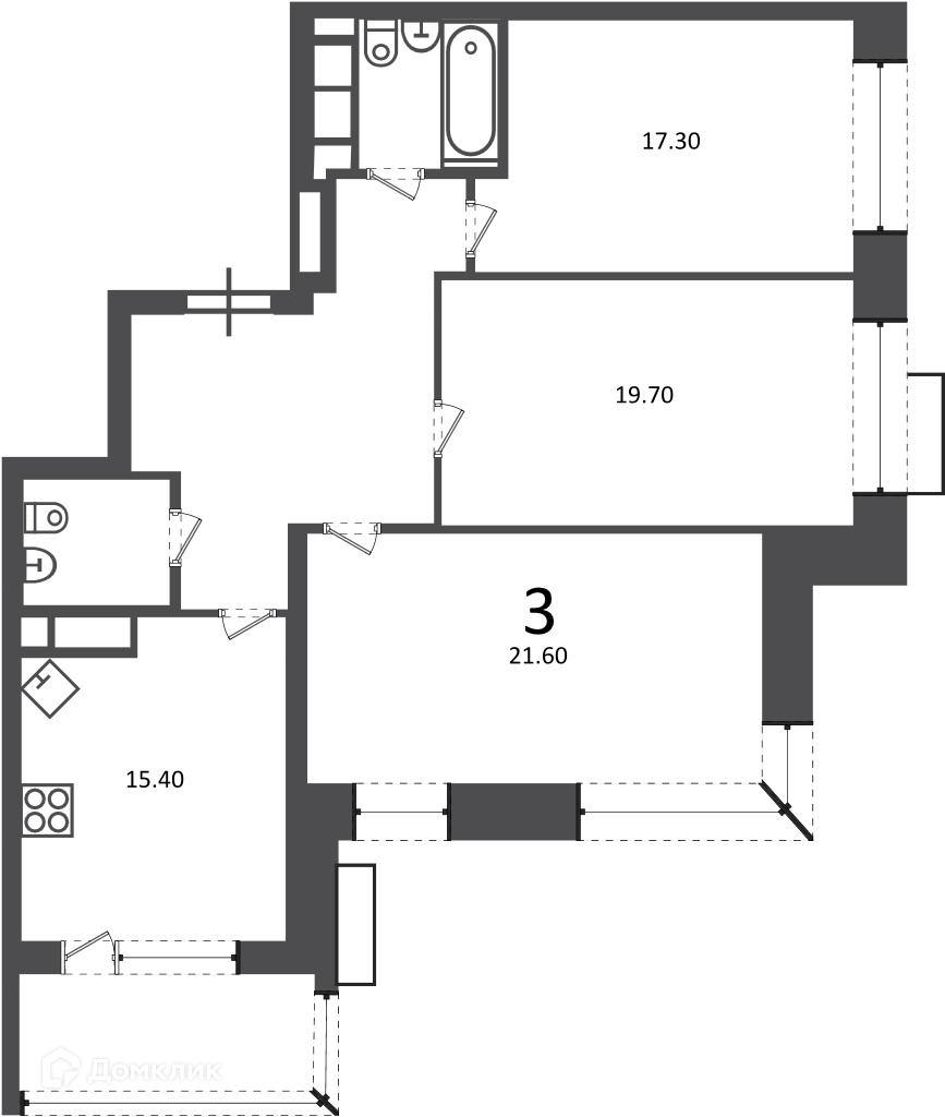 Планировка 3-комн. в ЖК «Клинская ул., д. 2А (Московские кварталы)»