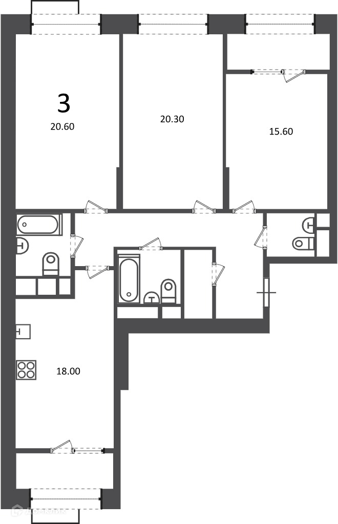 Планировка 3-комн. в ЖК «Клинская ул., д. 2А (Московские кварталы)»