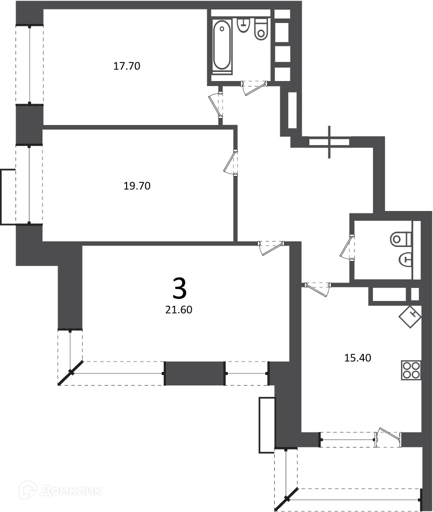 Планировка 3-комн. в ЖК «Клинская ул., д. 2А (Московские кварталы)»