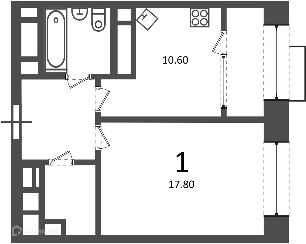 Планировка 1-комн. в ЖК «Клинская ул., д. 2А (Московские кварталы)»