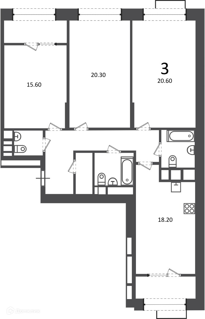 Планировка 3-комн. в ЖК «Клинская ул., д. 2А (Московские кварталы)»