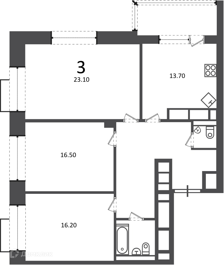 Планировка 3-комн. в ЖК «Клинская ул., д. 2А (Московские кварталы)»