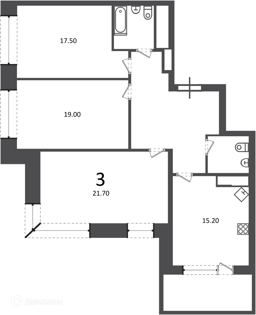Планировка 3-комн. в ЖК «Клинская ул., д. 2А (Московские кварталы)»