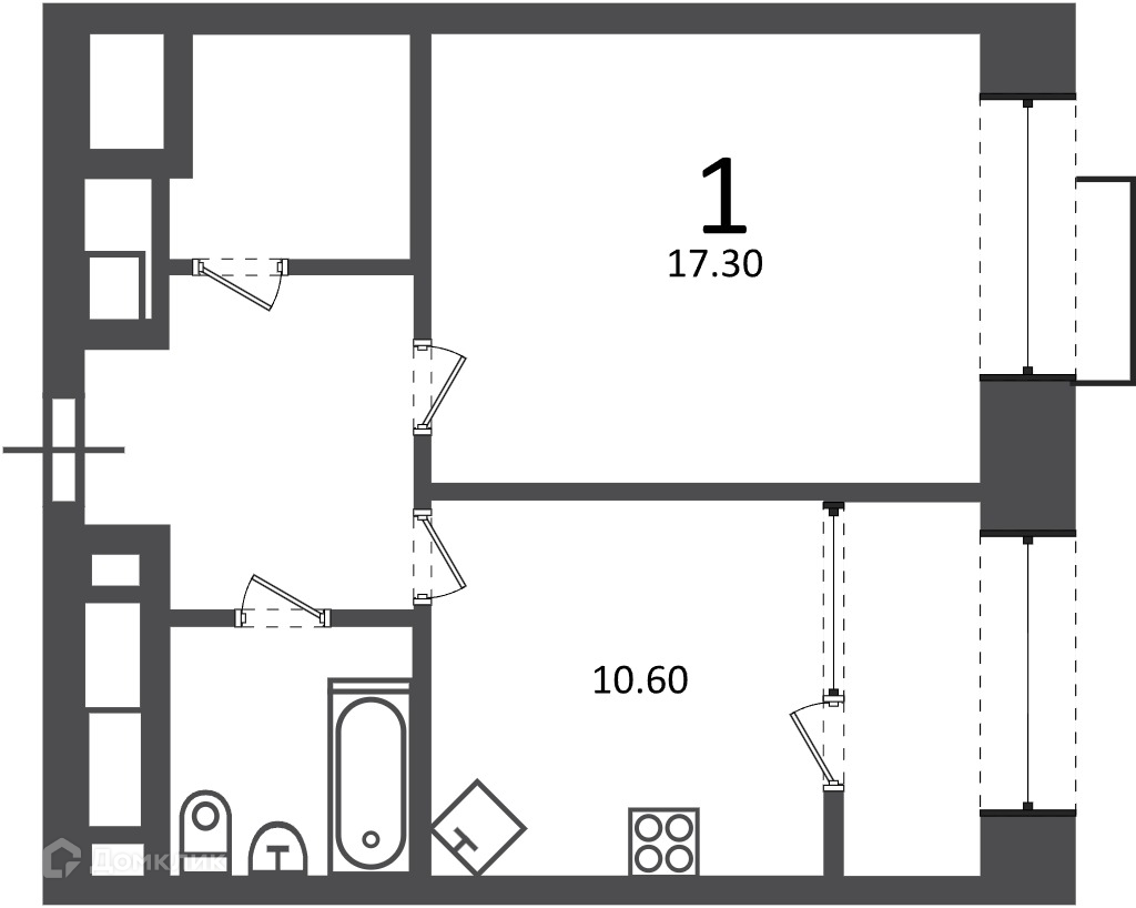 Планировка 1-комн. в ЖК «Клинская ул., д. 2А (Московские кварталы)»