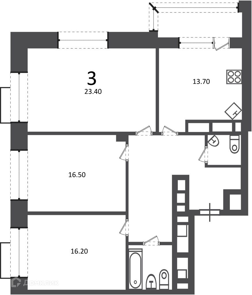Планировка 3-комн. в ЖК «Клинская ул., д. 2А (Московские кварталы)»