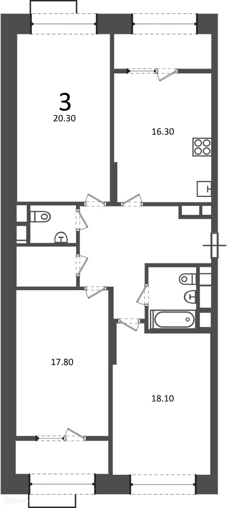 Планировка 3-комн. в ЖК «Клинская ул., д. 2А (Московские кварталы)»