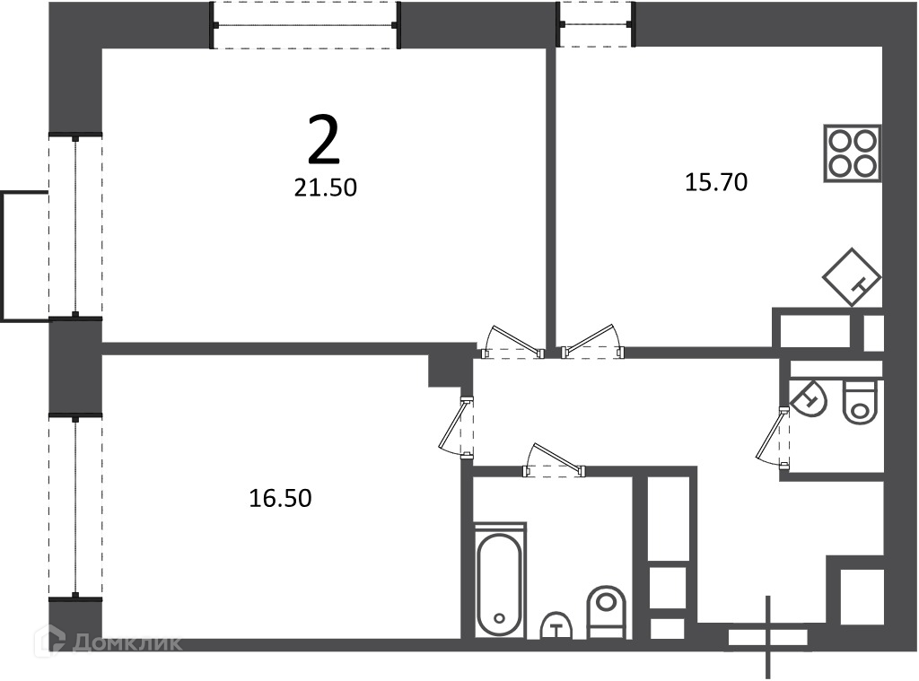 Планировка 2-комн. в ЖК «Клинская ул., д. 2А (Московские кварталы)»