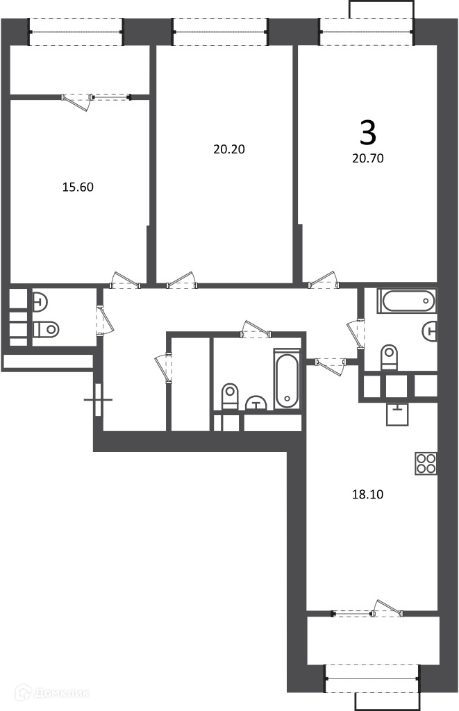 Планировка 3-комн. в ЖК «Клинская ул., д. 2А (Московские кварталы)»
