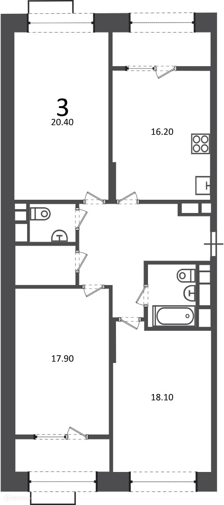 Планировка 3-комн. в ЖК «Клинская ул., д. 2А (Московские кварталы)»