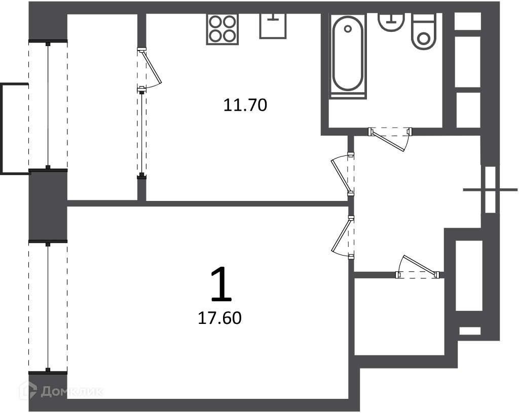Планировка 1-комн. в ЖК «Клинская ул., д. 2А (Московские кварталы)»
