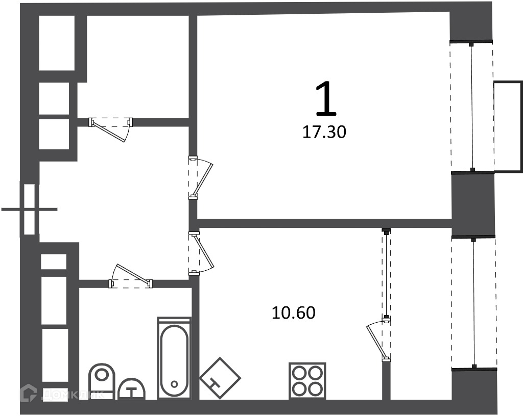 Планировка 1-комн. в ЖК «Клинская ул., д. 2А (Московские кварталы)»