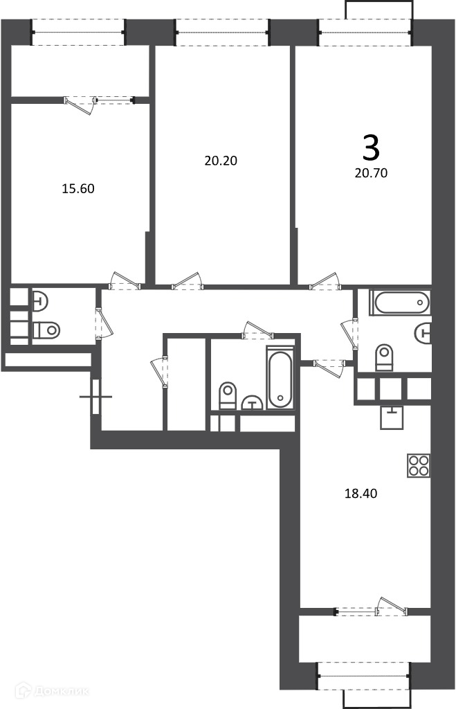 Планировка 3-комн. в ЖК «Клинская ул., д. 2А (Московские кварталы)»