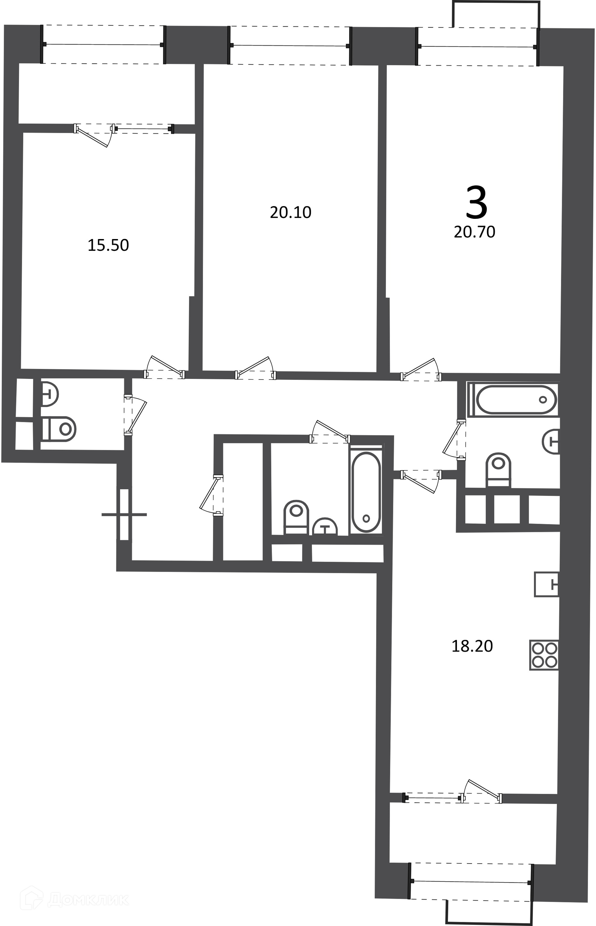 Планировка 3-комн. в ЖК «Клинская ул., д. 2А (Московские кварталы)»