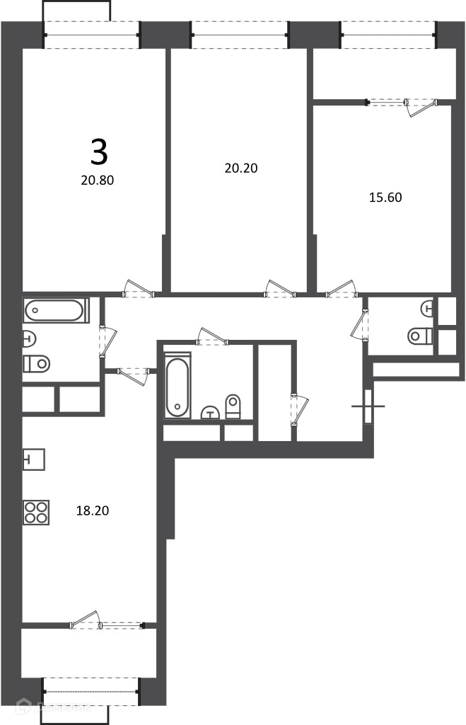 Планировка 3-комн. в ЖК «Клинская ул., д. 2А (Московские кварталы)»