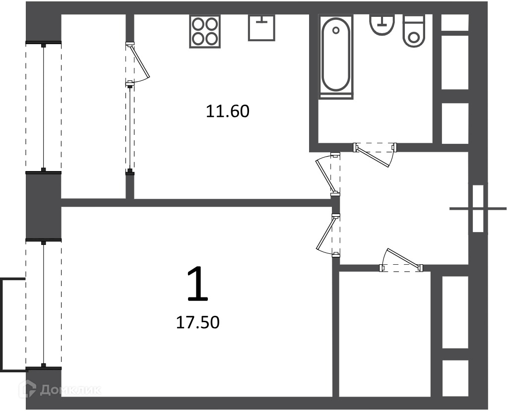 Планировка 1-комн. в ЖК «Клинская ул., д. 2А (Московские кварталы)»