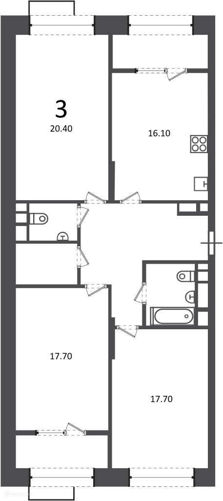 Планировка 3-комн. в ЖК «Клинская ул., д. 2А (Московские кварталы)»