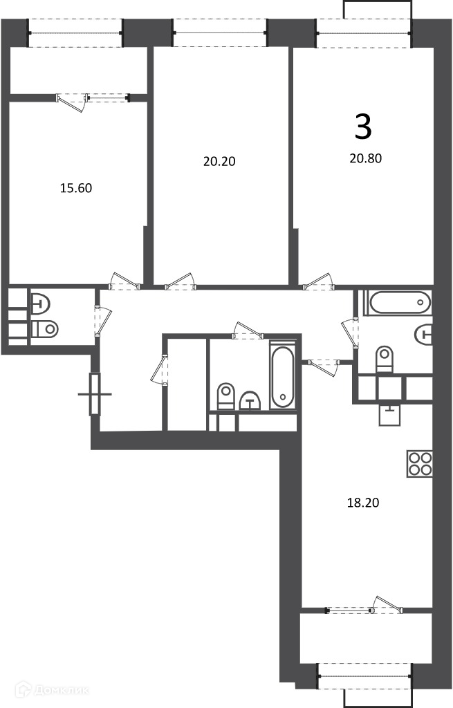 Планировка 3-комн. в ЖК «Клинская ул., д. 2А (Московские кварталы)»