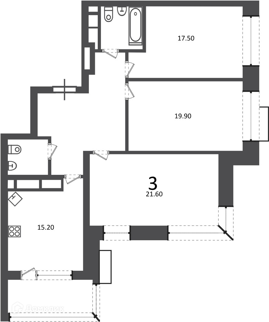 Планировка 3-комн. в ЖК «Клинская ул., д. 2А (Московские кварталы)»